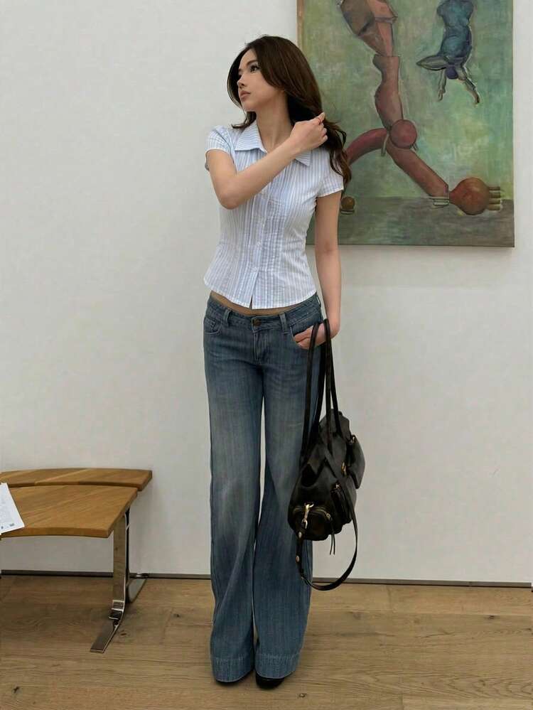 Solid Color Collared Fitted Short Sleeve White Blouse For Women