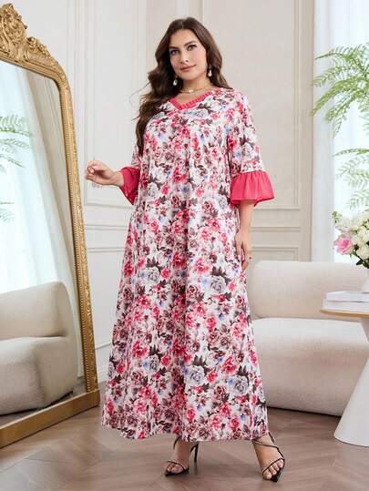 Al Najma Đầm kiểu Ả Rập tay xòe thanh lịch họa tiết hoa dành cho nữ cỡ lớn