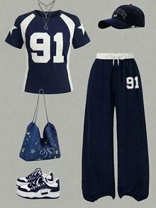 2pcs/Set Girls Fashionable T-Shirt And Pants Set, Featuring Numeric Graphic Print Top And Contrast Waistband Pants, Comfortable And Stylish - Royal Blue - View 4