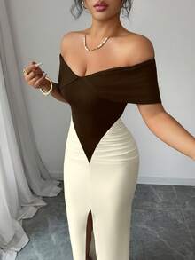 Selianne Contrast Color Patchwork Sexy Ruched Off-Shoulder Dress, Sleeveless Long Dress For Women - Brown - View 6