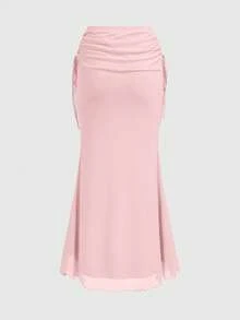 ROMWE Avant Bộ đồ 2 món gợi cảm cho kỳ nghỉ hè: Váy quây đuôi cá phối họa tiết vỏ sò biển, viền bèo nhún, dành cho nữ. - Hồng - Xem 6