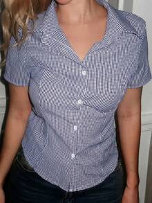 Turnttoni Blusa de manga corta de solapa estampada de estilo callejero para mujer, de verano - Azul - Ver 3