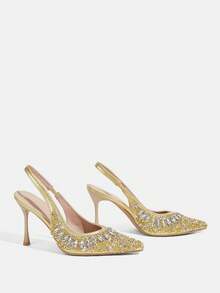 CUCCOO TILAWA Sapatos Femininos Dourados Novos Salto Alto Fino Pontudo com Elevação Traseira, Moda Deslumbrante com Strass, Sapatos de Salto Alto Sexy para Banquete, Festa, Balada, Sapatos de Salto Alto Slingback Femininos - Dourado - Visão 3
