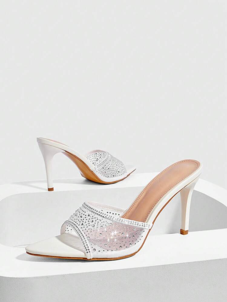 CUCCOO SZL Ladies Summer New White Mesh Rhinestone High Heel Sandals Fashion Gorgeous Sexy Party Ladies Sandals Slippers