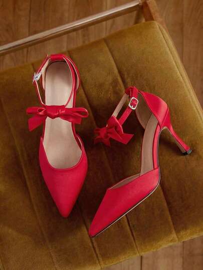 2025秋冬季蝴蝶结装饰踝带高跟鞋，情人节、性感、优雅、派对装扮