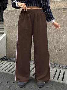 SHEIN EZwear Calça Casual com Listras Laterais Marrons Plus Size para Mulheres, Moda Minimalista, Uso Diário, Adequada para Formatura, Volta às Aulas, Traje de Professor - Castanho - Visão 6