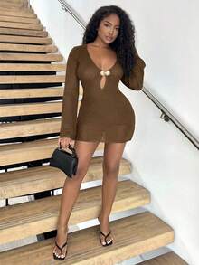 Alexandranx METAL DETAIL DEEP V NECK COVER UP DRESS FOR SUMMER BEACH VACATION - Brown - View 3