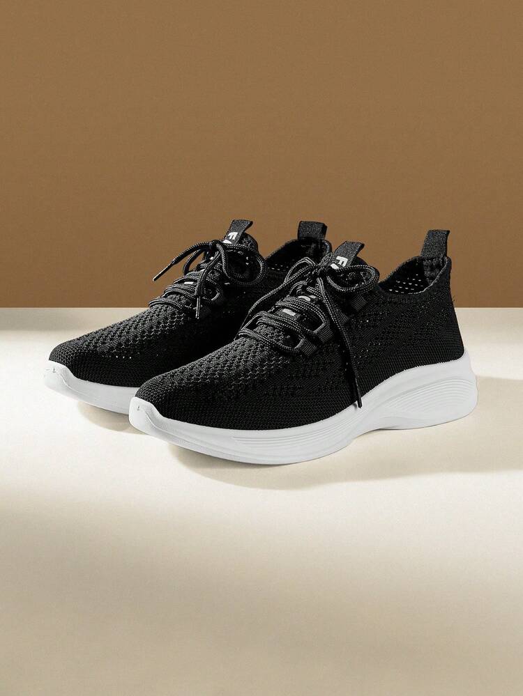 CUCCOO EASI Women's Lace-Up Knitted Breathable Small Round Toe Thick Flat-Bottomed Casual Sneakers Comfortable And Simple Black Knitted Casual Sneakers Daily Outdoor Commuting