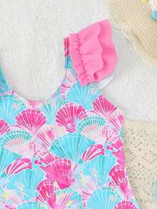 Ropa de playa para niñas, traje de baño para niñas, estilo lindo, vacaciones, estilo casual, traje de baño rosa, estampado de conchas de colores, tela de punto, decoración de hombros con volantes, decoración de volantes en la parte inferior, traje de baño de una pieza, elegante y glamoroso, adecuado para nadar, vacaciones de verano, playa, piscina, vacaciones de verano - Rosa - Ver 4