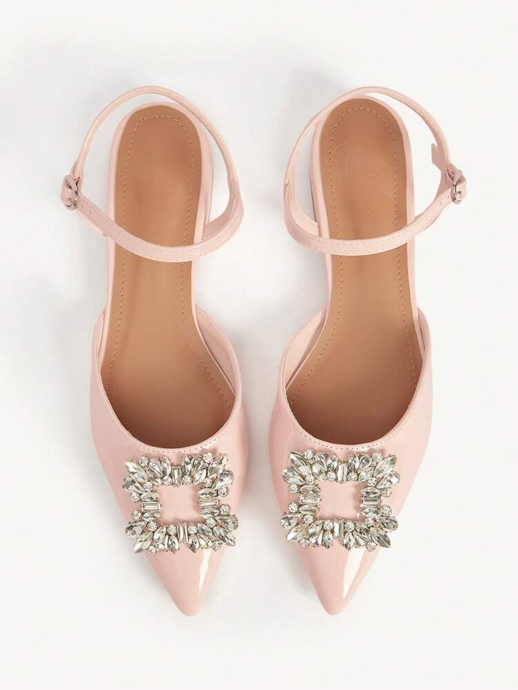 CUCCOO CHICEST Women Shoes Spring And Summer New French Low Vamp Pointed Toe Low Heel Flat Sole Shoes, Temperament Rhinestone Square Buckle Sexy Fashion Elegant Comfortable Not Tired Feet Fairy Style High Sense Closed Toe Sandals