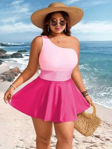 Swim Lushoire Bộ đồ bơi nữ cỡ lớn 2 mảnh, phối màu tương phản, lệch vai, thắt eo, dài đến đầu gối, kiểu dáng thường ngày, thích hợp đi biển. - Hồng - Xem 5