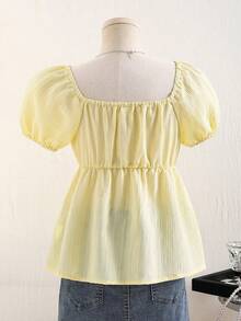 Sparklyn 少女休闲花瓣袖衬衫，夏季 - 黃色 - 查看 2