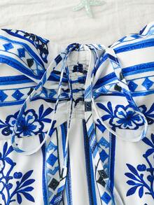 Trelyra 女士露背蝴蝶结下摆印花上衣 - 藍色 - 查看 4