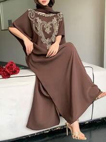 DAZY 女士头巾和宽松长袍刺绣拼接连衣裙，优雅 - 棕色 - 查看 2