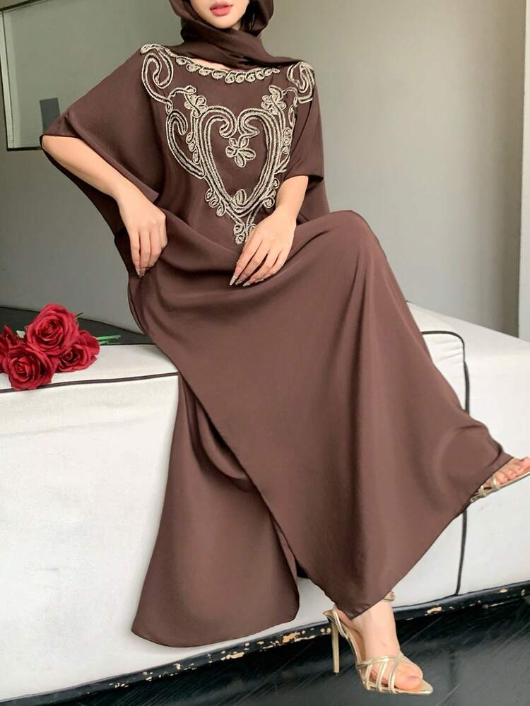 Women's Headscarf And Loose Robe Embroidered Patchwork Dress, Elegant Summer