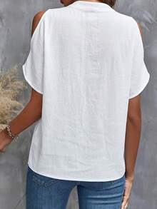 SHEIN Clasi 女士常规款V领白色100%纯棉短袖衬衫，适合春夏季节穿着 - 白色 - 查看 2