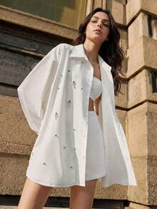 Anewsta Blusa blanca holgada de manga larga con cuello vuelto, casual y hecha a mano con cuentas, talla grande para mujer - Blanco - Ver 4