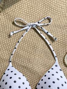 Swim Vcay Polka Dot Print Halter Neck Swimsuit Top For Beach Vacation - Black and White - View 5