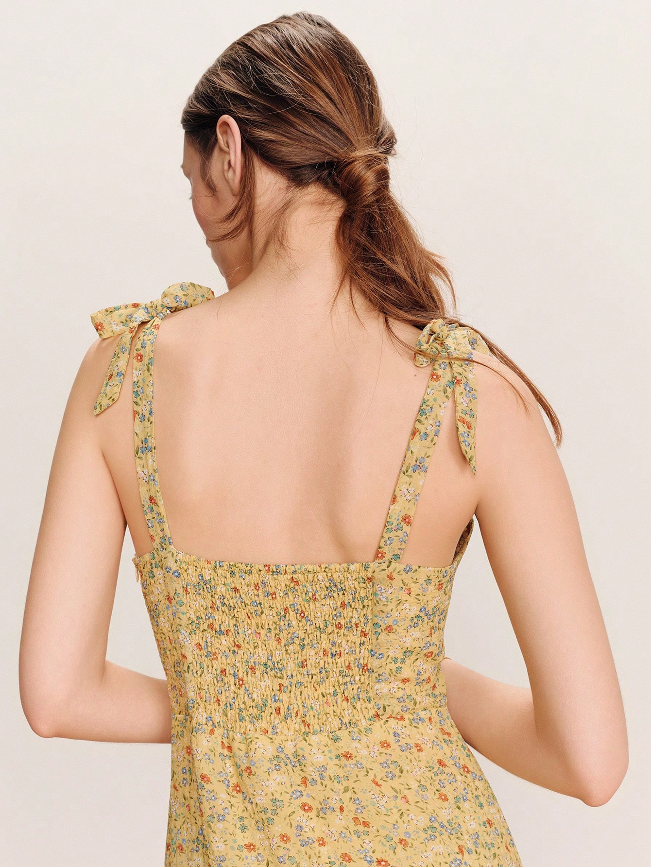 Yellow Sweetheart Neckline Fitted Midi Dress, Cute Back Panel Shirring And Tie Shoulder Straps Yellow Floral Dress Spring Summer Vacation Dress Holiday Dress French Style Parisian Style