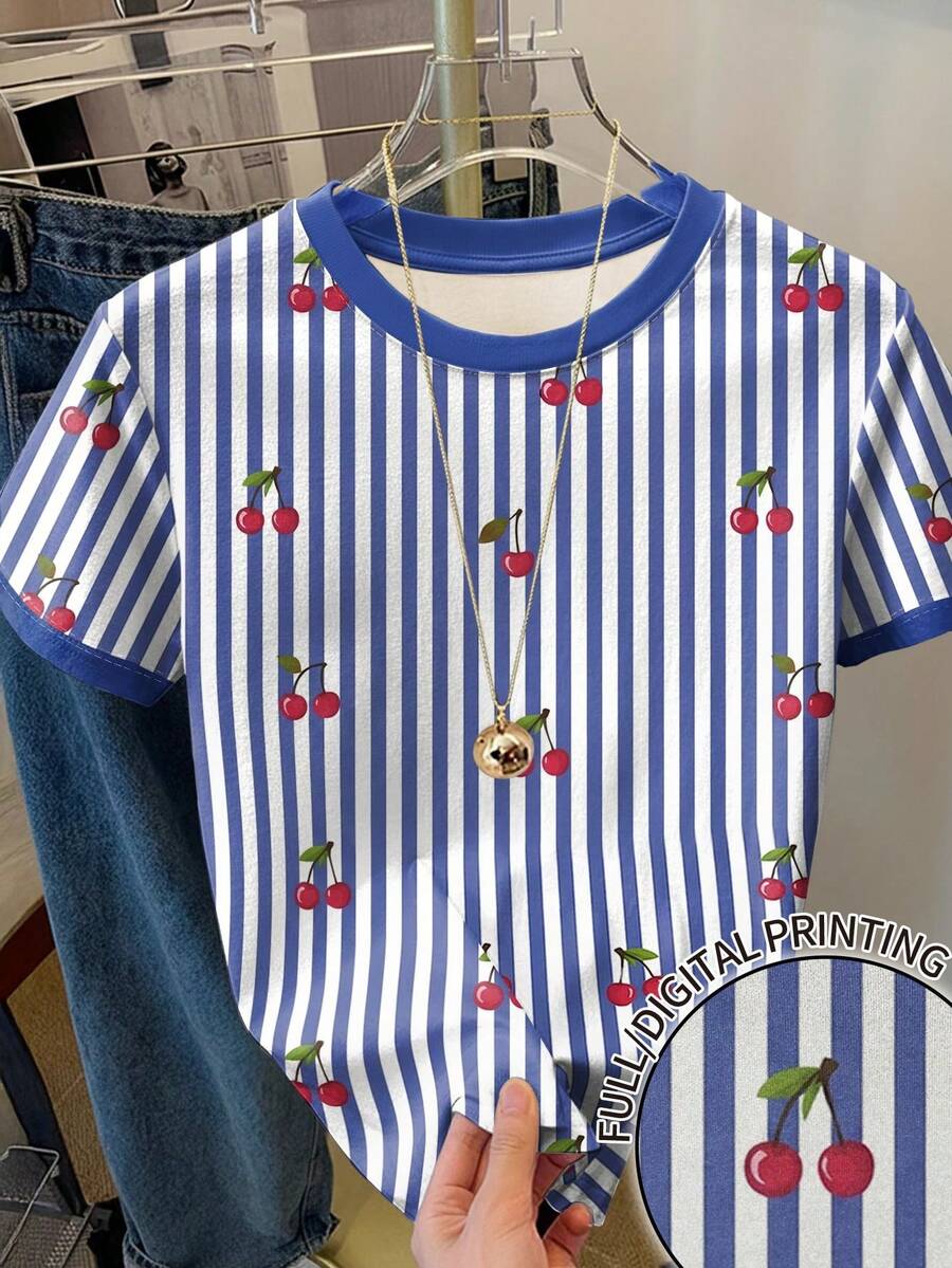 Resyla Camiseta con estampado de rayas de cereza, adecuada para uso al aire libre, cereza, cómoda, primavera/verano Y2K - Multicolor - Ver 1