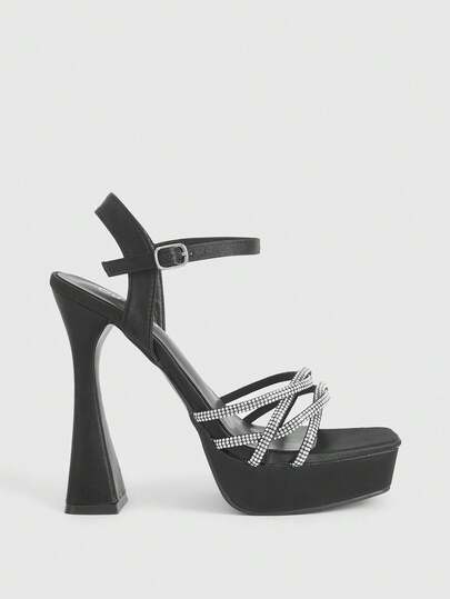 CUCCOO LuxiPop Women's High Heel Sandals, Thick Heel Waterproof Platform One-Strap Rhinestone Decor Elegant Versatile Black Party Shoes 2000s Style