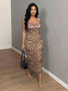 SHEIN SXY Đầm slip dự tiệc cỡ lớn dành cho nữ, in họa tiết da báo và chữ cái, kiểu dáng thanh lịch, thắt eo. - Nhiều màu - Xem 5