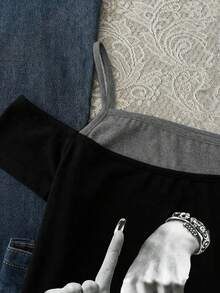 Teen Girl 2 In 1 Letter & Hand Print Fitted Casual T-Shirt - Grey - View 5