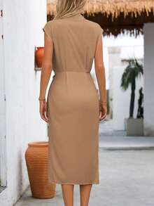 EMERY ROSE Women Summer Solid Color Lapel Twisted Waist Ruffle Hem Dress Maxi Women Outfit - Coffee Brown - View 2