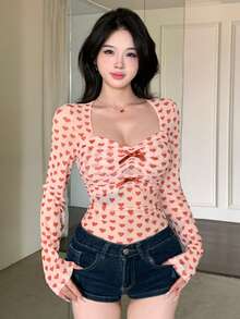 DAZY 蝴蝶结装饰修身网纱上衣，心形印花，交叉扭结设计，休闲甜美女孩音乐节T恤，长袖，粉色夏季 - 粉色 - 查看 5