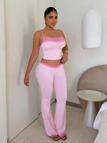 Maria Perezxox 女士 2 件套蕾丝吊带背心和喇叭裤，女孩休闲装粉色喇叭裤套装蕾丝边两件套 - 粉色 - 查看 3