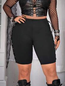 Whyspr Quần short nữ cỡ lớn phong cách Punk phối nhiều mảnh, đính khuy và dây buộc. - màu đen - Xem 7