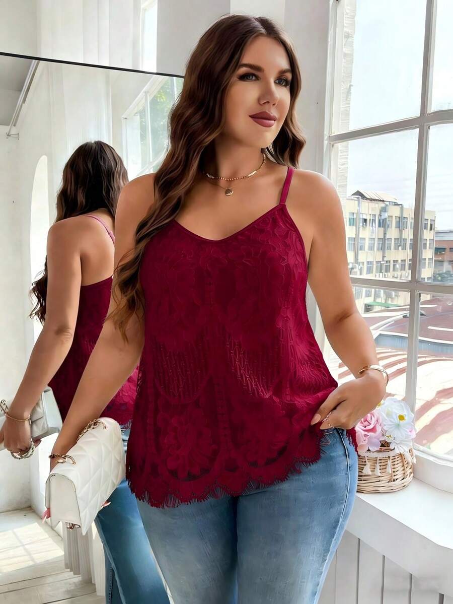 Reflora Camiseta de encaje de unicolor elegante de talla grande para verano - Burdeos - Ver 1
