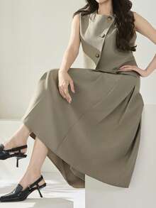 Modelyn Conjunto de 2 piezas para mujer talla grande: Top de tirantes de unicolor y minifalda - Verde militar - Ver 1