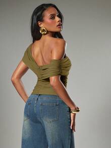 Hauture Blusa casual y sexy de unicolor con un hombro asimétrico y drapeado para mujer - Verde militar - Ver 2