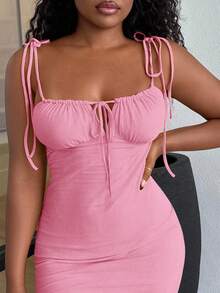 Alexandranx Women Dresses Simpul Dasi Depan Lettuce Trim Ruched Bust Plain Casual - Berwarna merah muda - View 4