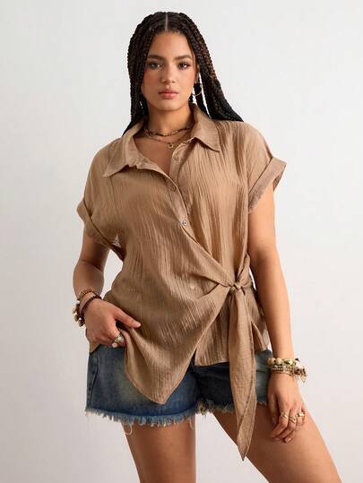 Freevana Áo sơ mi dáng rộng, màu trơn, cài cúc phía trước, tay áo xắn lên, thích hợp cho mùa hè.