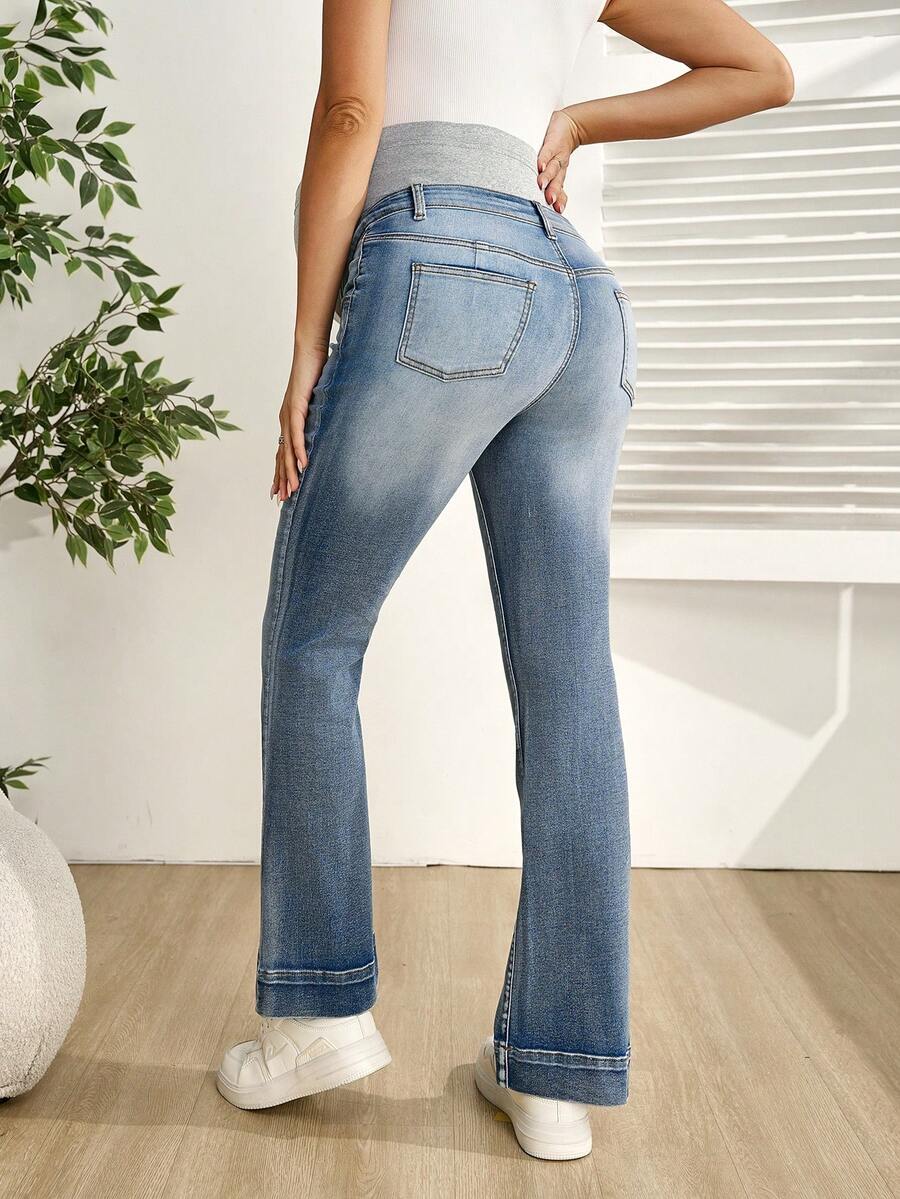 SHEIN Jeans de maternidad elásticos con pierna acampanada, jeans de mujer con pierna acampanada, jeans de tiro alto - Azul lavado medio - Ver 1