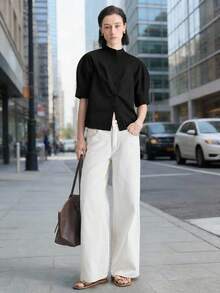 Ontre 2026春夏新款女士衬衫，梭织面料，花瓣袖，纽扣前襟，宽松版型，适合独立日、优雅办公装、教师装、休闲外出、下午茶、都市时尚、百搭通勤衬衫 - 黑色 - 查看 5