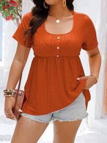 EMERY ROSE Plus Size Casual Solid Color Short Sleeve T-Shirt - Orange - View 3