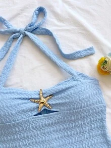 Soleia Women's Vacation Halter Tie Bow Solid Color Textured Jumpsuit, Beach Party - Baby Blue - View 6