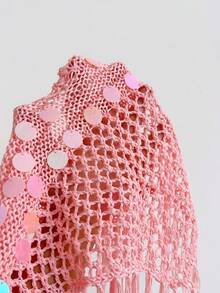 Soleia Áo dệt kim hở lưng cổ yếm đính sequin tua rua dành cho nữ - Hồng - Xem 6