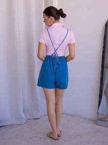 Andrea Bello Quần short denim yếm thường ngày dành cho nữ - Rửa nhẹ - Xem 2