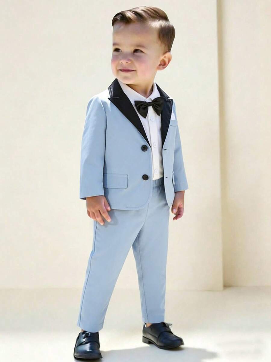 2pcs Baby Boy Blue Summer Elegant Wedding Formal Suit Set,Contrast Collar Faux Pocket Jacket&Elastic Waist Pants For 6 Months-3 Years Old Performance - Dusty Blue - View 1