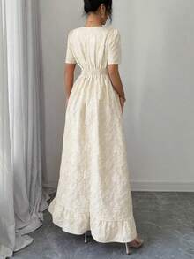 Elenzga 女士春夏新款优雅浪漫简约百搭情人节风高端提花面料粉色泡泡袖方领收腰A字长裙 - 杏色 - 查看 2