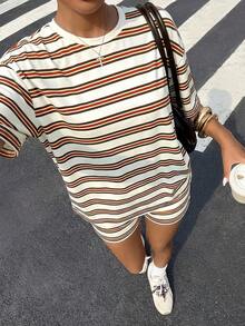 Muchica Women's Casual Striped Knit Round Neck Short Sleeve T-Shirt And Shorts Set, Summer - White - View 6