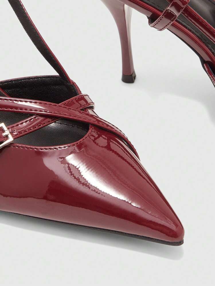 CUCCOO BIZCHIC Glossy Pointed Stiletto Cross Buckle French Fashion Closed Toe Back Strap Ladies Daily, Festival, Dating, Party, High Heel Sandals