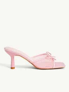 CUCCOO CHICEST 女士粉色缎面网眼拼接蝴蝶结时尚春夏气质方头高跟凉鞋 - 粉色色丁 - 查看 3