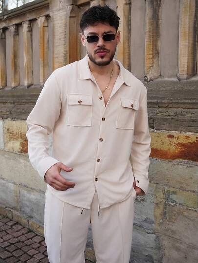 LEOGASHI LEOGASHI 2 件男士休闲纯色衬衫，带双口袋和领子 + 裤子套装，轻便运动度假装，春秋季