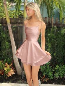 Sydney Algeri Women's V-Neck Spaghetti Strap Swing Dress Mini Short Women Outfit Party - Pink - View 4