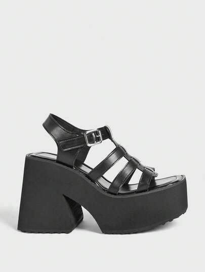 Sugerpunk Women's Casual Square-Toe Open-Toe High-Heeled Platform Slip-On Sandals, Gothic Punk Style Roman Gladiator Cage-Shaped Straps, Spring/Summer Outdoor Commuting Party Holiday Women's Shoes. 2000s Style